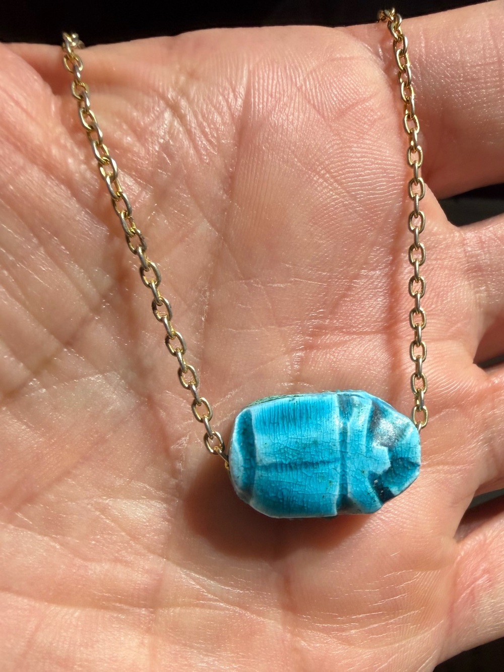Vintage Gold Tone Blue Egyptian Scarab Pendant Necklace